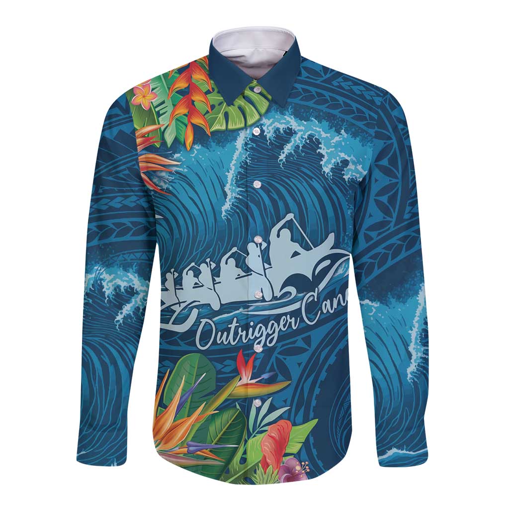 Outrigger Canoe Blue Long Sleeve Button Shirt On The Waves