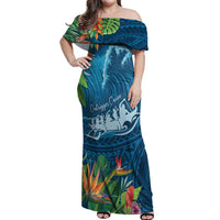 Outrigger Canoe Blue Off Shoulder Maxi Dress On The Waves LT7 Women Blue - Polynesian Pride