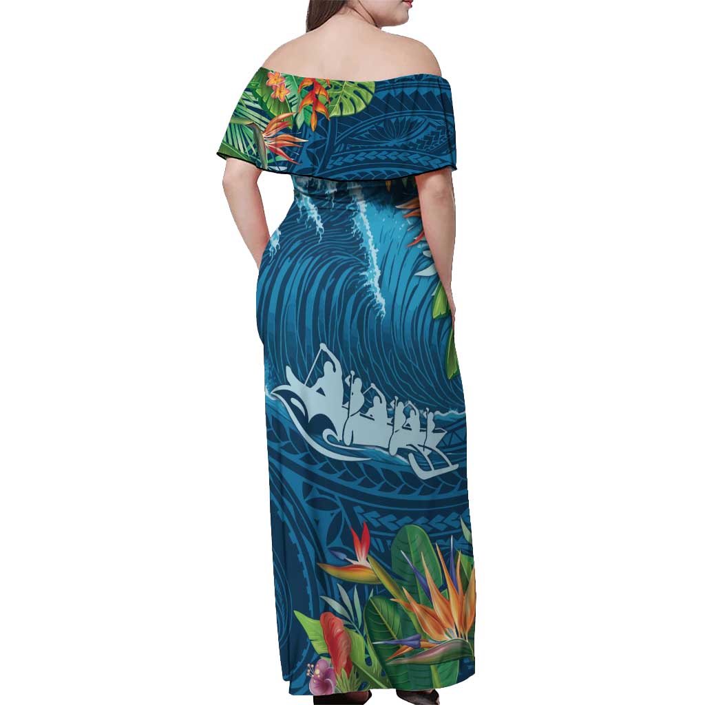 Outrigger Canoe Blue Off Shoulder Maxi Dress On The Waves LT7 - Polynesian Pride