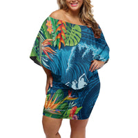 Outrigger Canoe Blue Off Shoulder Short Dress On The Waves LT7 Women Blue - Polynesian Pride