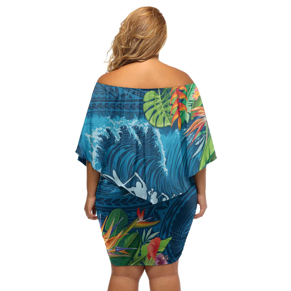 Outrigger Canoe Blue Off Shoulder Short Dress On The Waves LT7 - Polynesian Pride
