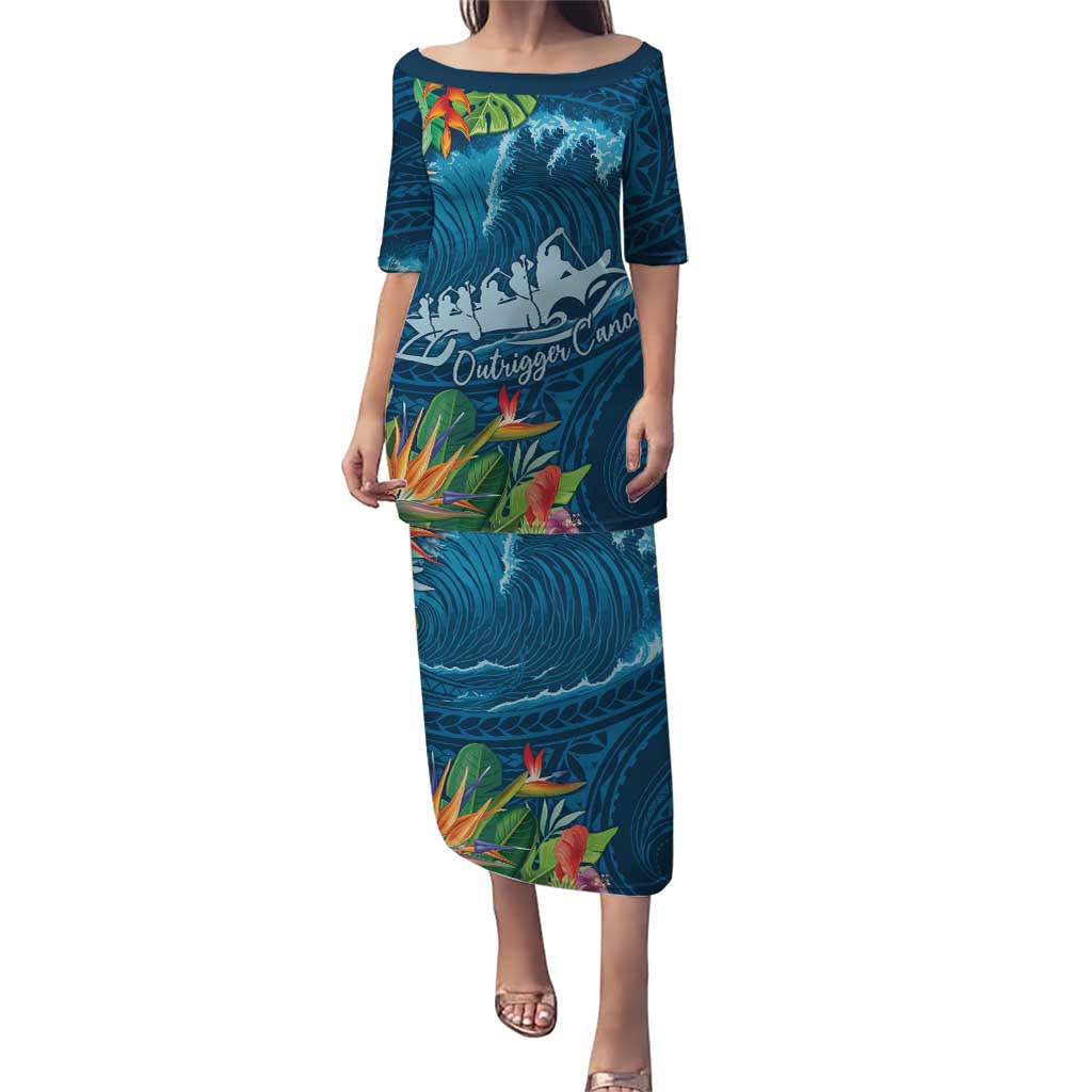 Outrigger Canoe Blue Puletasi On The Waves LT7 Long Dress Blue - Polynesian Pride
