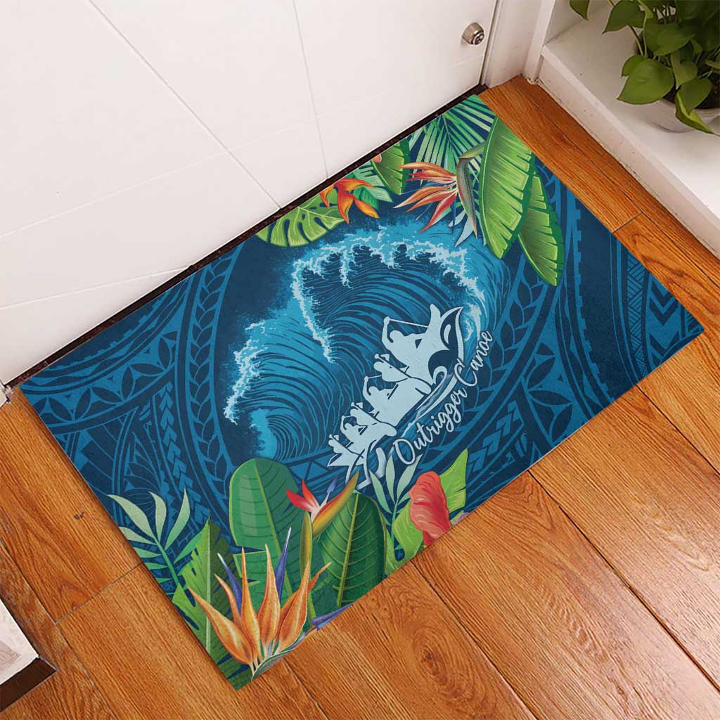 Outrigger Canoe Blue Rubber Doormat On The Waves LT7 - Polynesian Pride