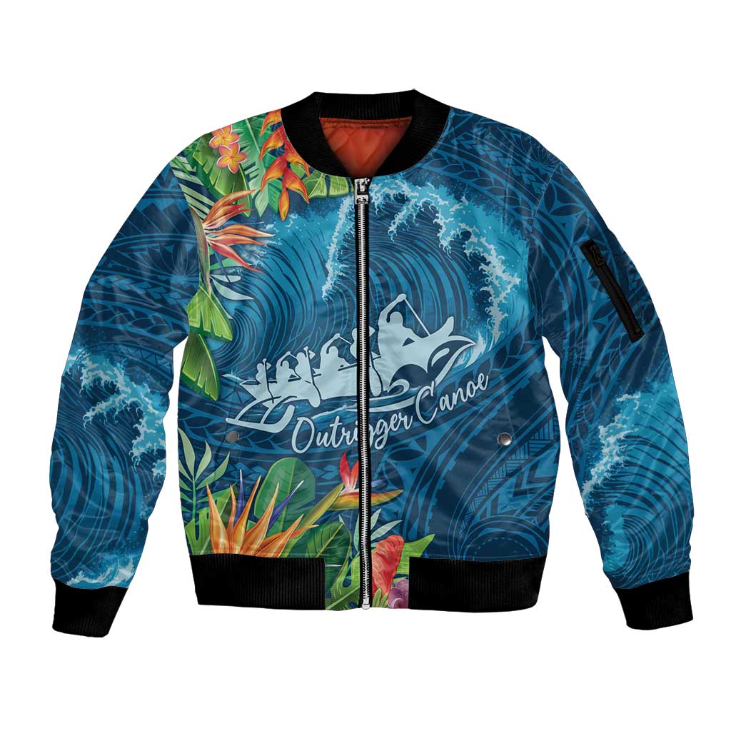 Outrigger Canoe Blue Sleeve Zip Bomber Jacket On The Waves