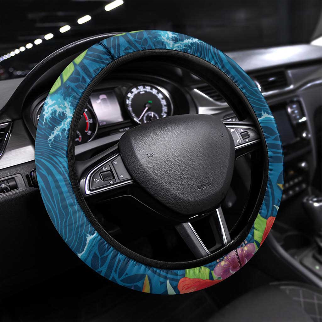 Outrigger Canoe Blue Steering Wheel Cover On The Waves LT7 Universal Fit Blue - Polynesian Pride