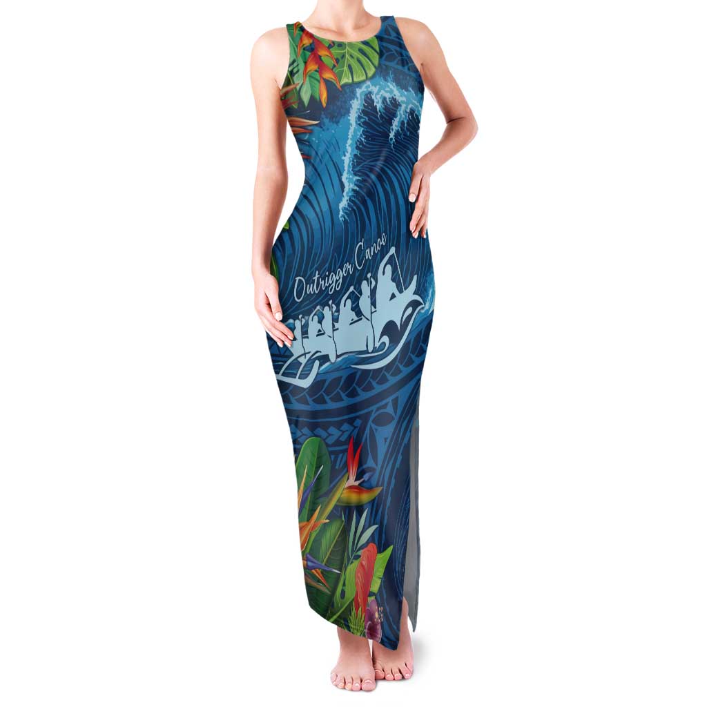 Outrigger Canoe Blue Tank Maxi Dress On The Waves LT7 Women Blue - Polynesian Pride