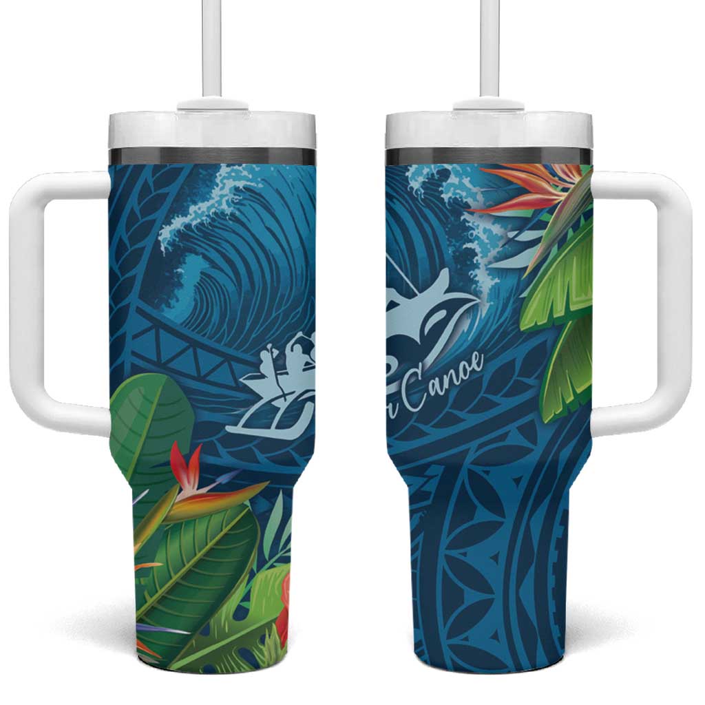 Outrigger Canoe Blue Tumbler With Handle On The Waves