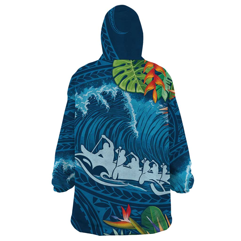 Outrigger Canoe Blue Wearable Blanket Hoodie On The Waves LT7 - Polynesian Pride