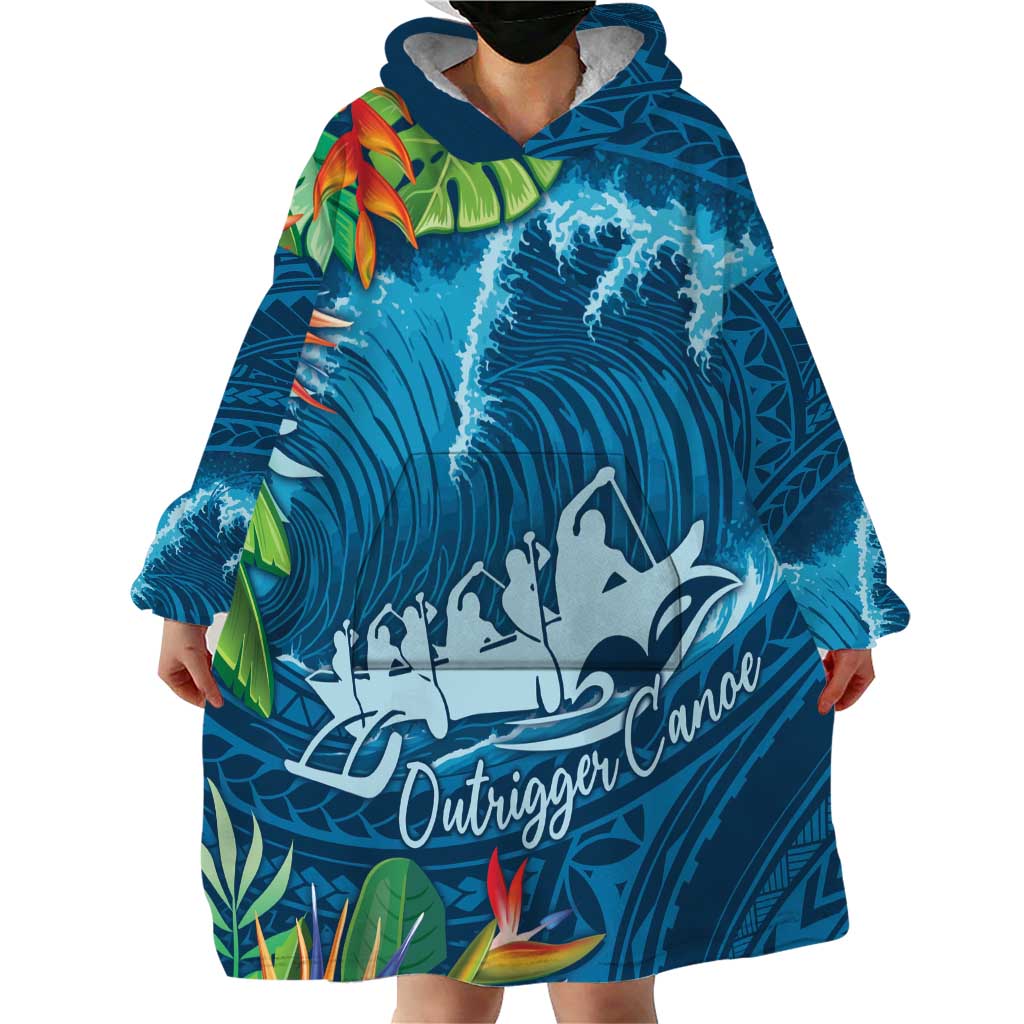 Outrigger Canoe Blue Wearable Blanket Hoodie On The Waves LT7 - Polynesian Pride