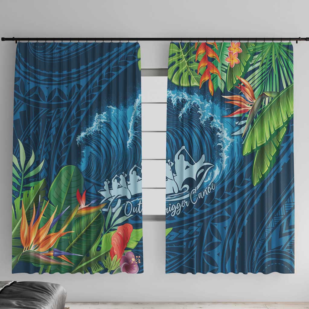 Outrigger Canoe Blue Window Curtain On The Waves LT7 With Hooks Blue - Polynesian Pride