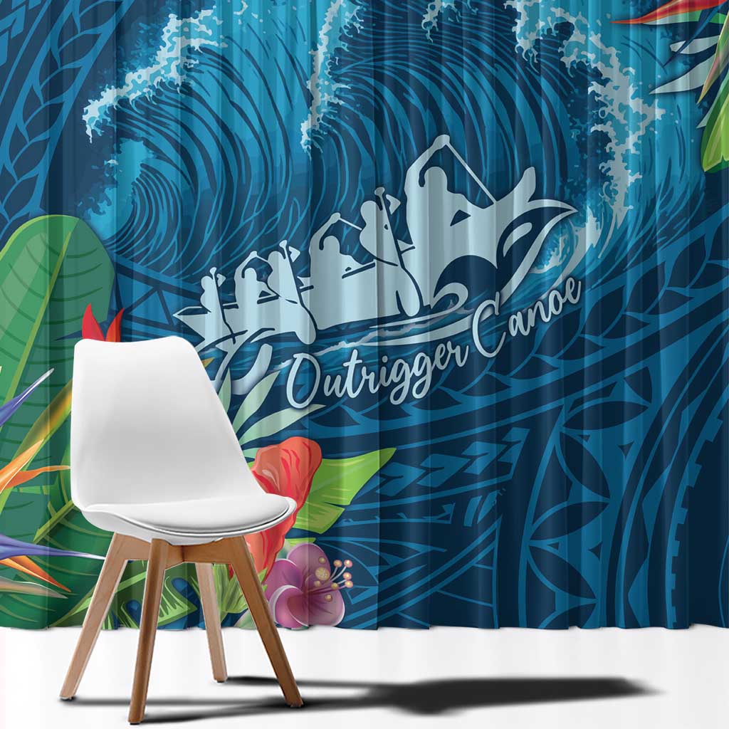 Outrigger Canoe Blue Window Curtain On The Waves LT7 - Polynesian Pride