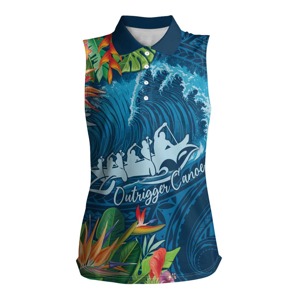 Outrigger Canoe Blue Women Sleeveless Polo Shirt On The Waves