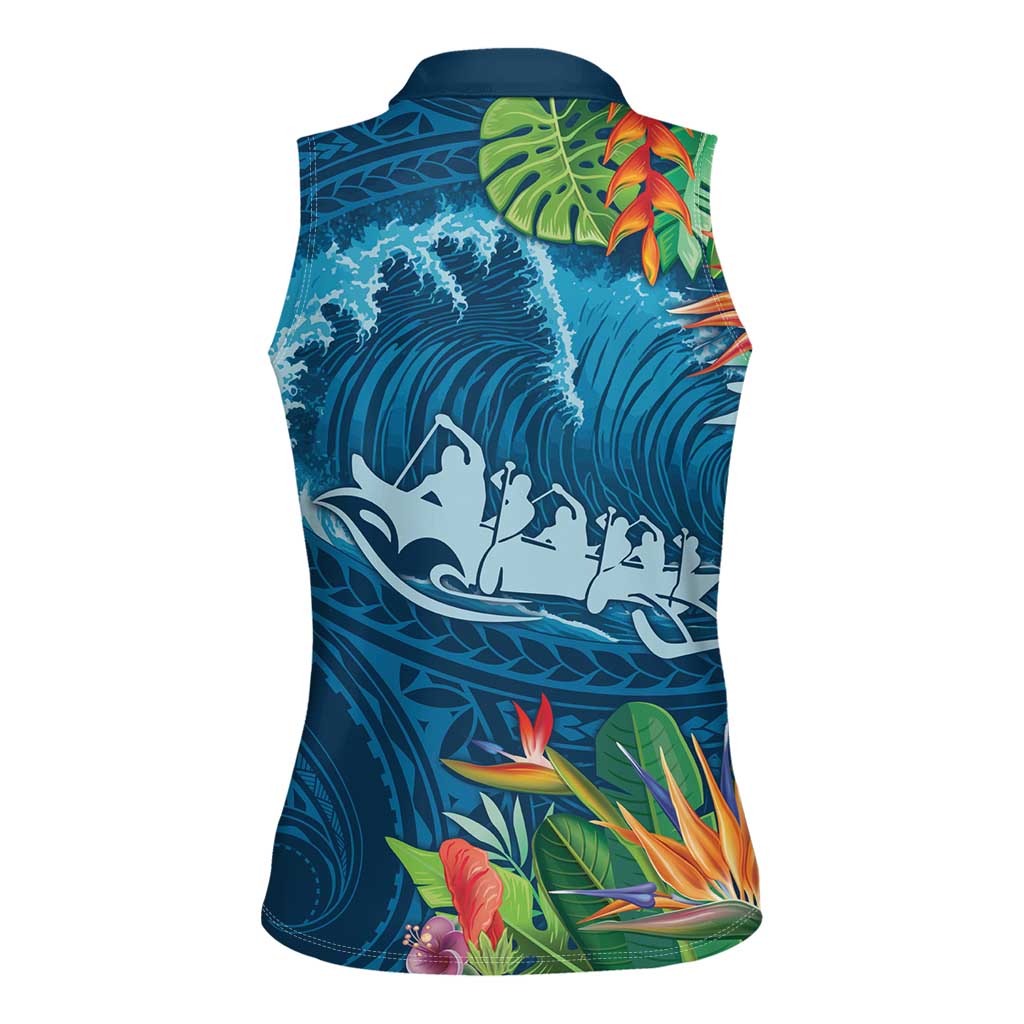 Outrigger Canoe Blue Women Sleeveless Polo Shirt On The Waves