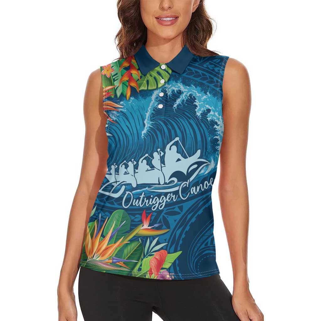 Outrigger Canoe Blue Women Sleeveless Polo Shirt On The Waves