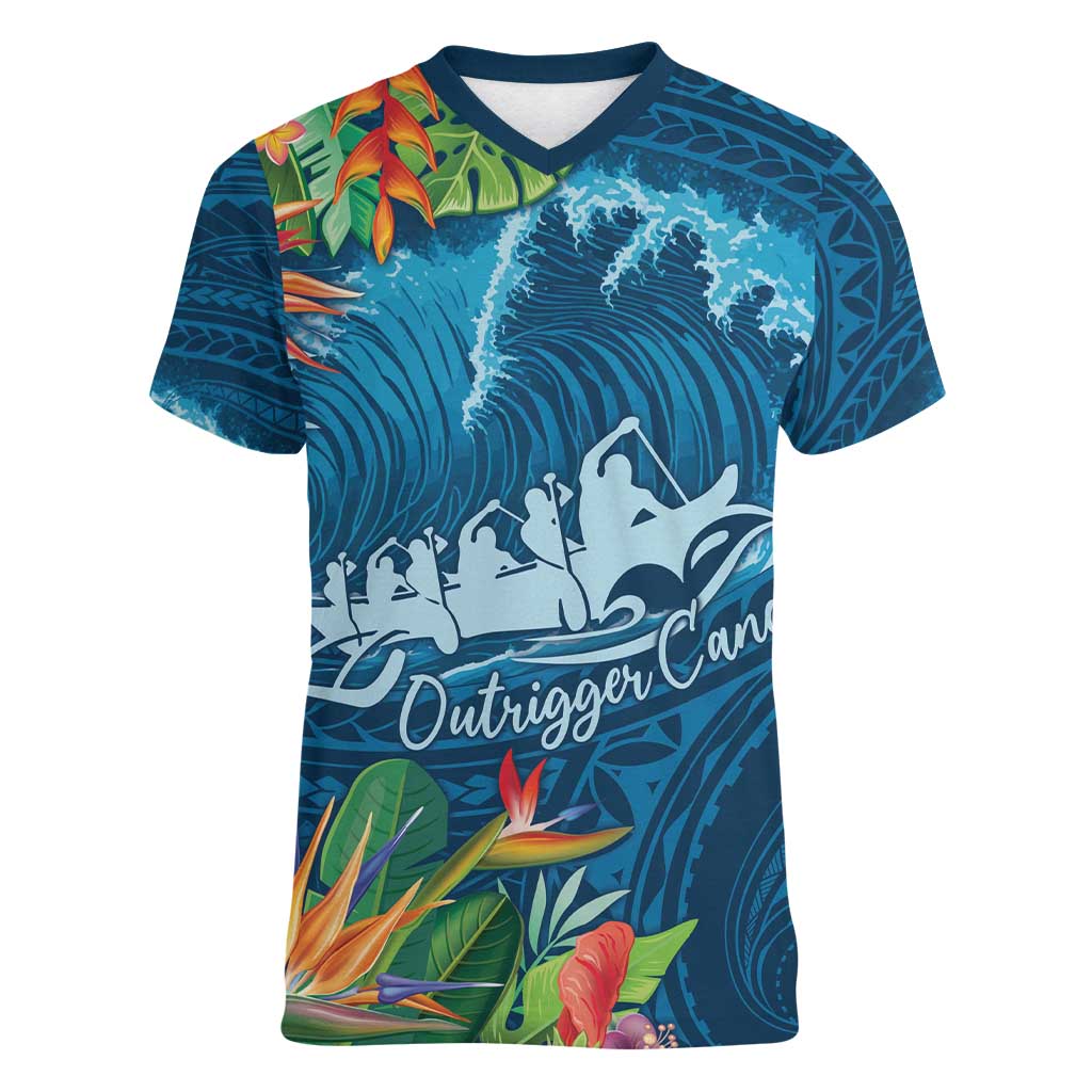 Outrigger Canoe Blue Women V-Neck T-Shirt On The Waves LT7 Female Blue - Polynesian Pride