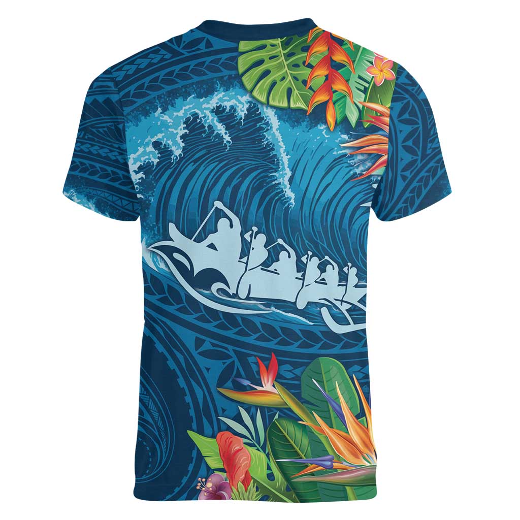 Outrigger Canoe Blue Women V-Neck T-Shirt On The Waves LT7 - Polynesian Pride