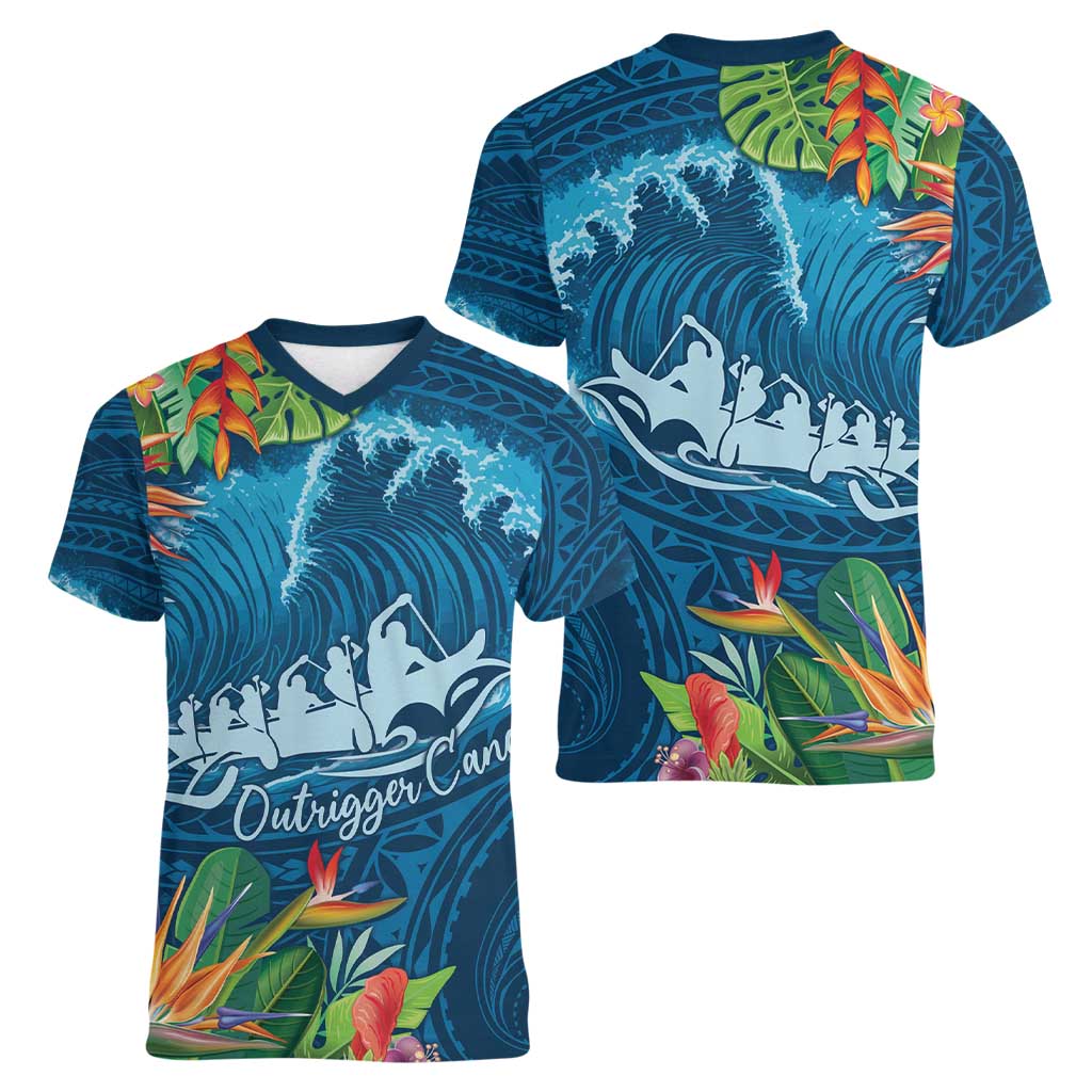 Outrigger Canoe Blue Women V-Neck T-Shirt On The Waves LT7 - Polynesian Pride