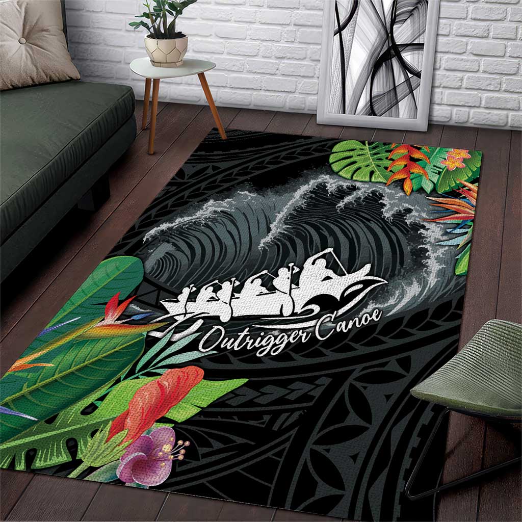 Outrigger Canoe Black Area Rug On The Waves