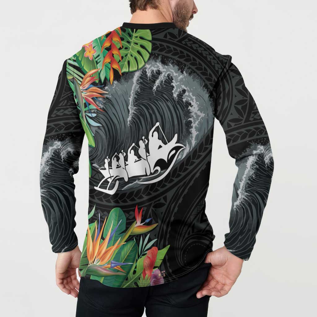 Outrigger Canoe Black Button Sweatshirt On The Waves LT7 - Polynesian Pride