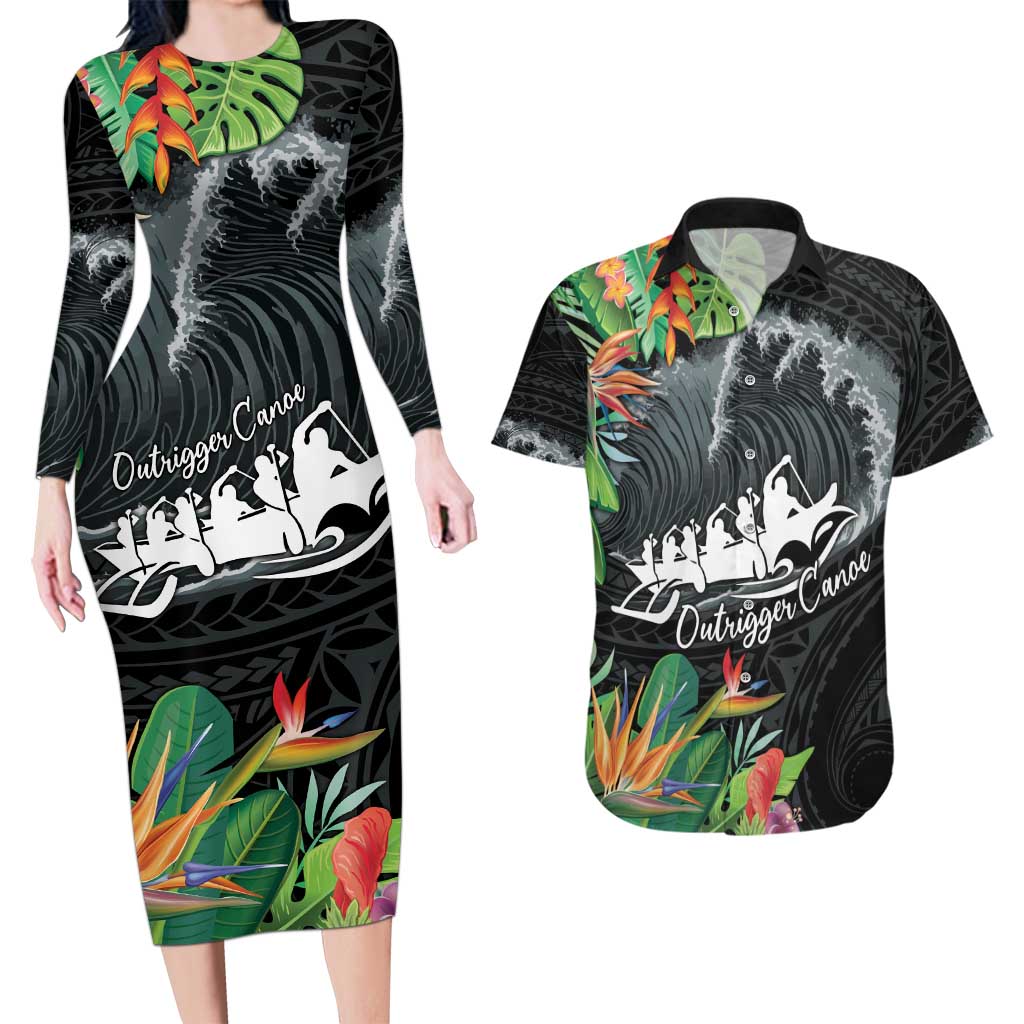 Outrigger Canoe Black Couples Matching Long Sleeve Bodycon Dress and Hawaiian Shirt On The Waves