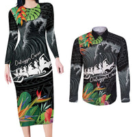 Outrigger Canoe Black Couples Matching Long Sleeve Bodycon Dress and Long Sleeve Button Shirt On The Waves LT7 Black - Polynesian Pride