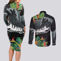 Outrigger Canoe Black Couples Matching Long Sleeve Bodycon Dress and Long Sleeve Button Shirt On The Waves LT7 - Polynesian Pride