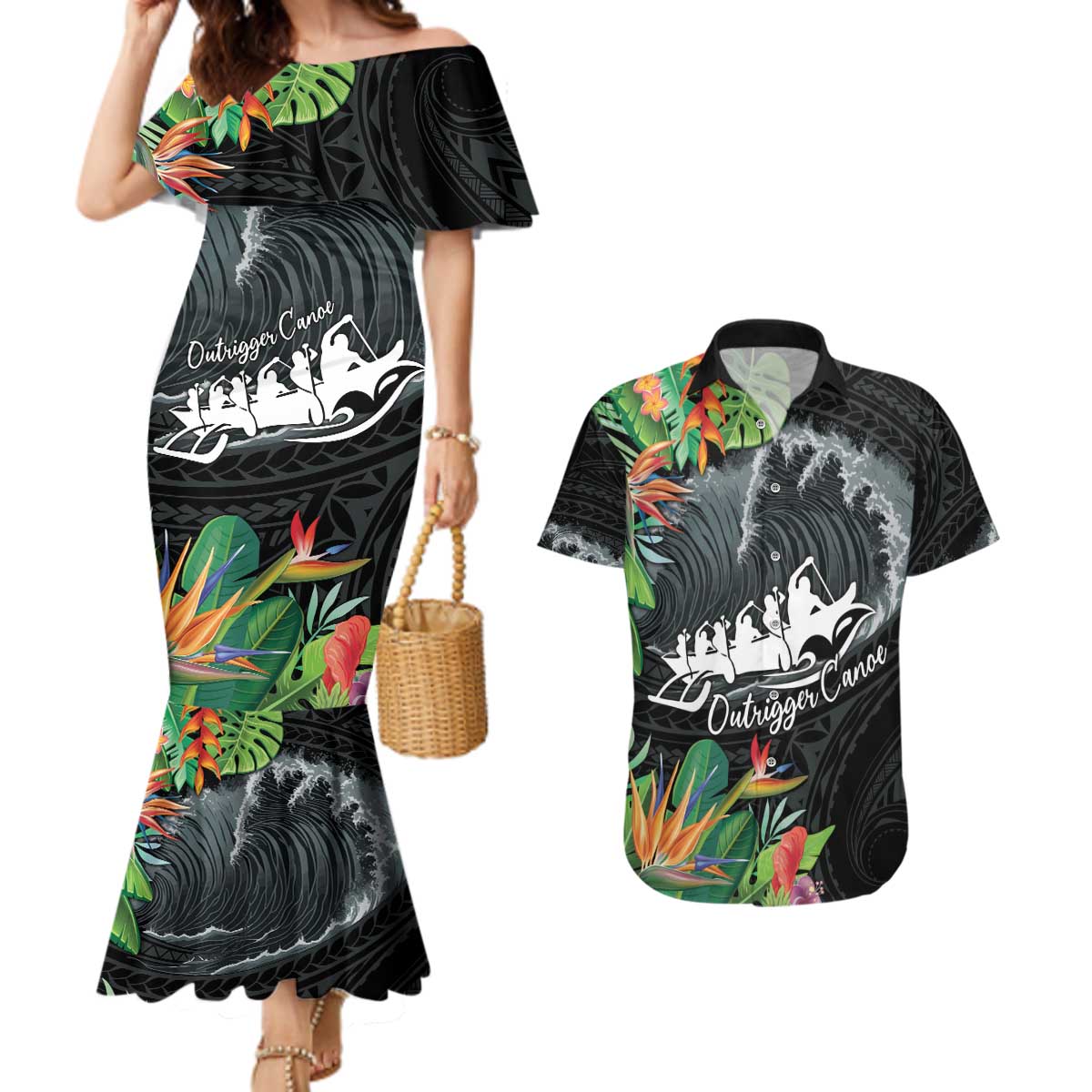 Outrigger Canoe Black Couples Matching Mermaid Dress and Hawaiian Shirt On The Waves