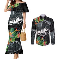 Outrigger Canoe Black Couples Matching Mermaid Dress and Long Sleeve Button Shirt On The Waves LT7 Black - Polynesian Pride