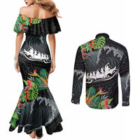 Outrigger Canoe Black Couples Matching Mermaid Dress and Long Sleeve Button Shirt On The Waves LT7 - Polynesian Pride