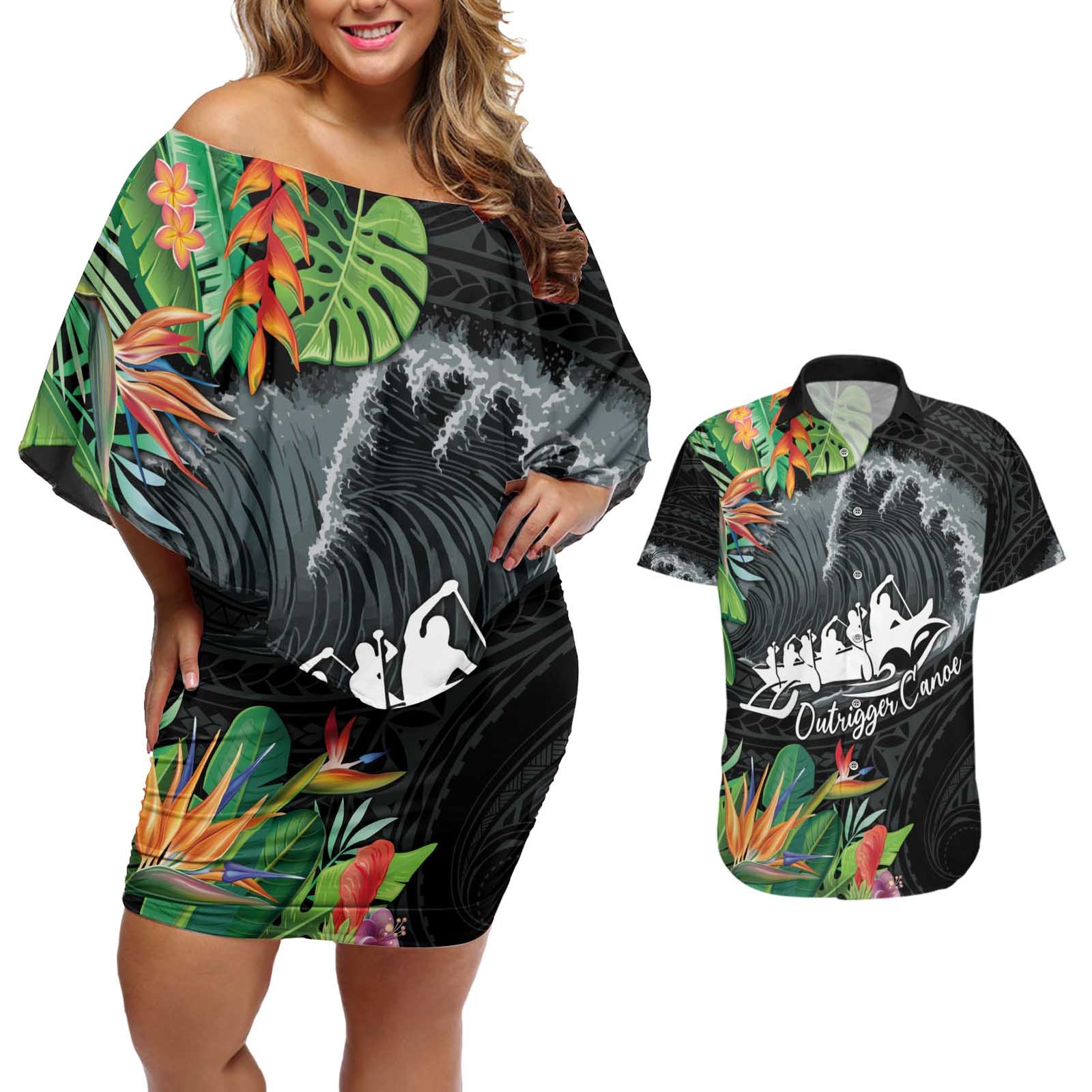 Outrigger Canoe Black Couples Matching Off Shoulder Short Dress and Hawaiian Shirt On The Waves LT7 Black - Polynesian Pride
