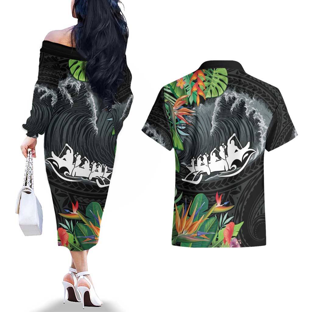Outrigger Canoe Black Couples Matching Off The Shoulder Long Sleeve Dress and Hawaiian Shirt On The Waves LT7 - Polynesian Pride