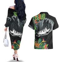 Outrigger Canoe Black Couples Matching Off The Shoulder Long Sleeve Dress and Hawaiian Shirt On The Waves LT7 - Polynesian Pride