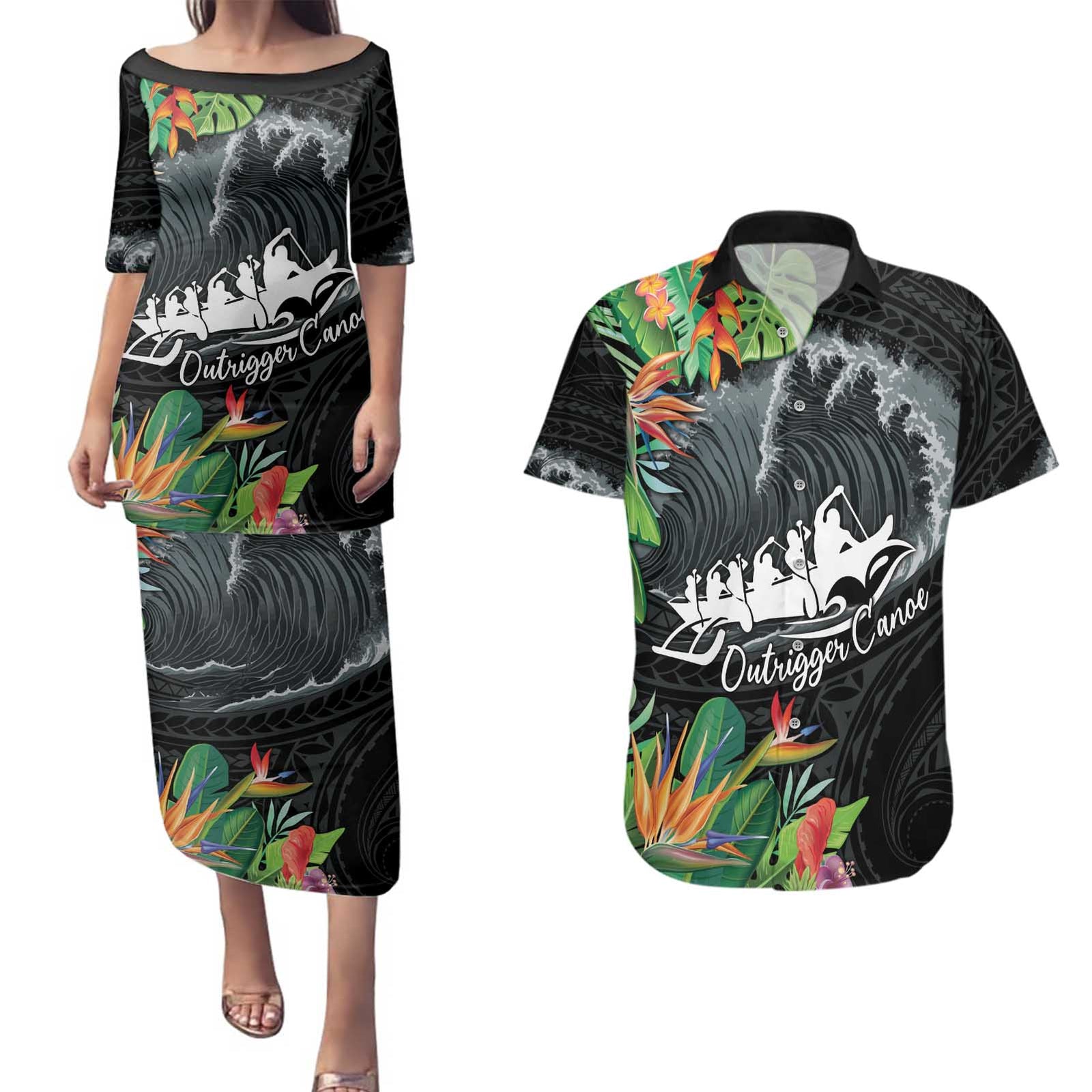 Outrigger Canoe Black Couples Matching Puletasi and Hawaiian Shirt On The Waves LT7 Black - Polynesian Pride