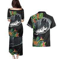 Outrigger Canoe Black Couples Matching Puletasi and Hawaiian Shirt On The Waves LT7 - Polynesian Pride