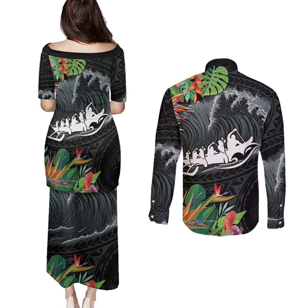 Outrigger Canoe Black Couples Matching Puletasi and Long Sleeve Button Shirt On The Waves LT7 - Polynesian Pride