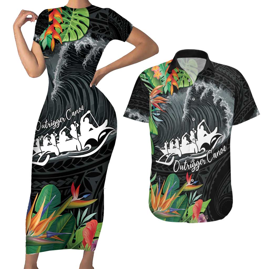 Outrigger Canoe Black Couples Matching Short Sleeve Bodycon Dress and Hawaiian Shirt On The Waves