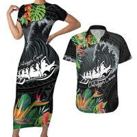 Outrigger Canoe Black Couples Matching Short Sleeve Bodycon Dress and Hawaiian Shirt On The Waves LT7 Black - Polynesian Pride