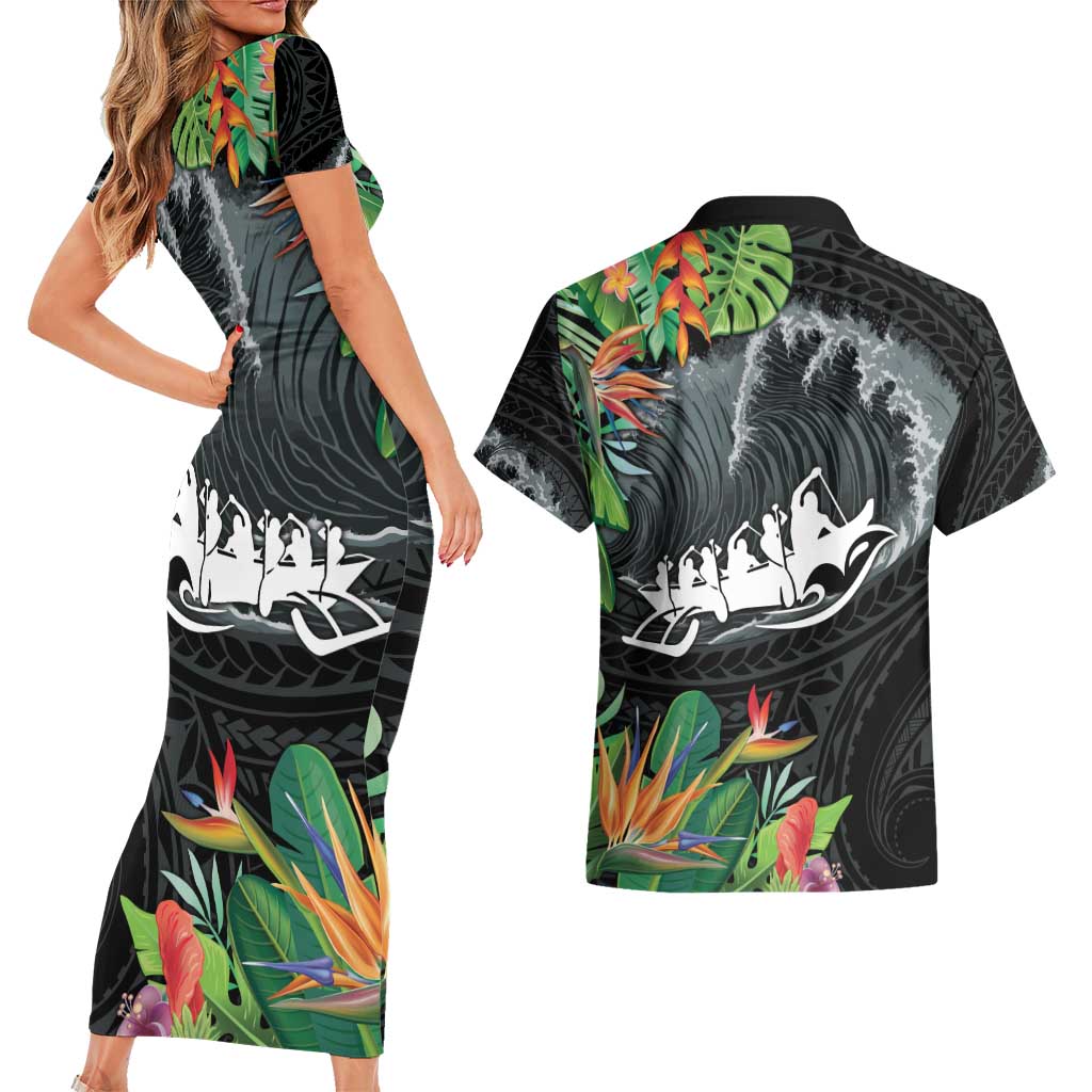 Outrigger Canoe Black Couples Matching Short Sleeve Bodycon Dress and Hawaiian Shirt On The Waves LT7 - Polynesian Pride