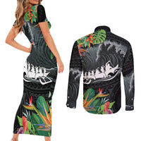 Outrigger Canoe Black Couples Matching Short Sleeve Bodycon Dress and Long Sleeve Button Shirt On The Waves LT7 - Polynesian Pride