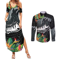Outrigger Canoe Black Couples Matching Summer Maxi Dress and Long Sleeve Button Shirt On The Waves LT7 Black - Polynesian Pride