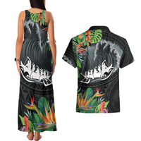 Outrigger Canoe Black Couples Matching Tank Maxi Dress and Hawaiian Shirt On The Waves LT7 - Polynesian Pride