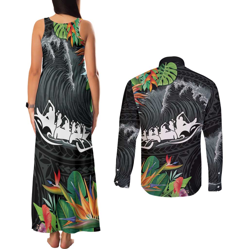 Outrigger Canoe Black Couples Matching Tank Maxi Dress and Long Sleeve Button Shirt On The Waves LT7 - Polynesian Pride
