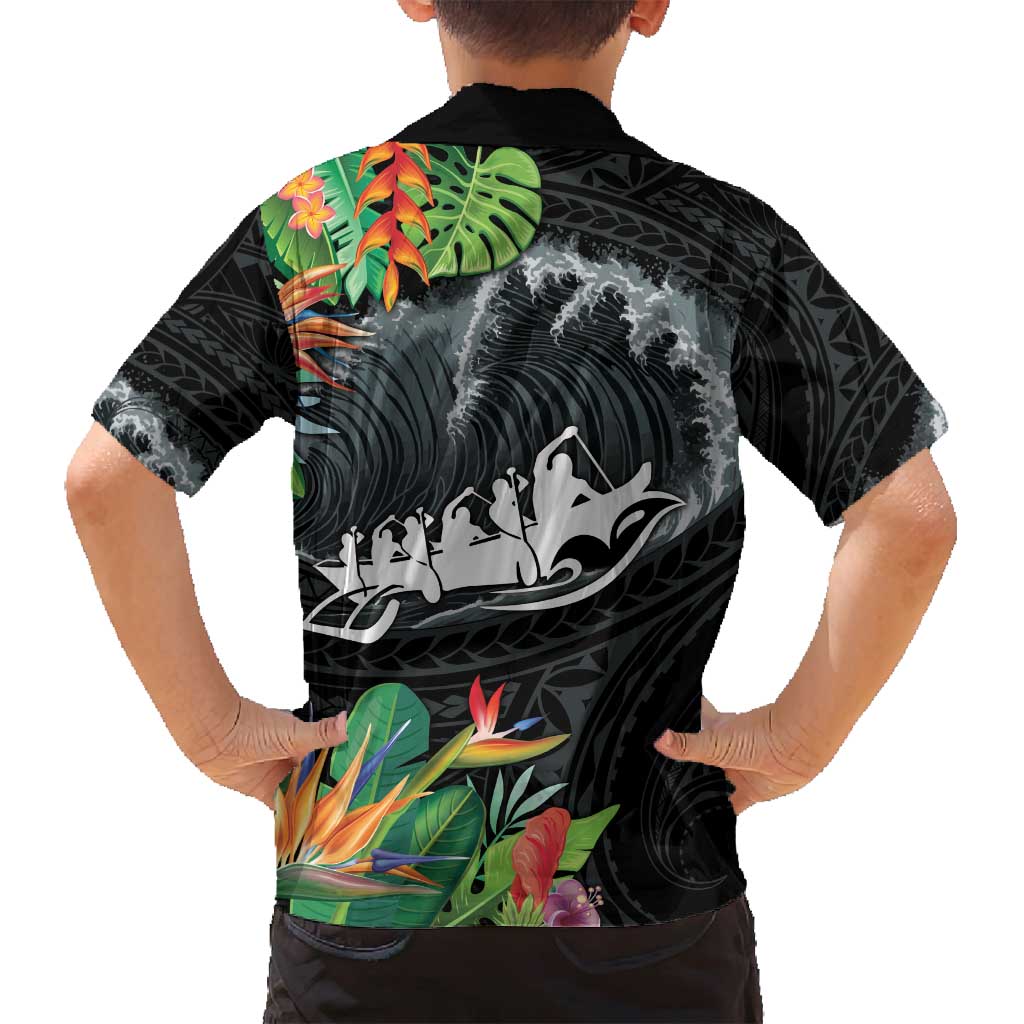 Outrigger Canoe Black Family Matching Long Sleeve Bodycon Dress and Hawaiian Shirt On The Waves