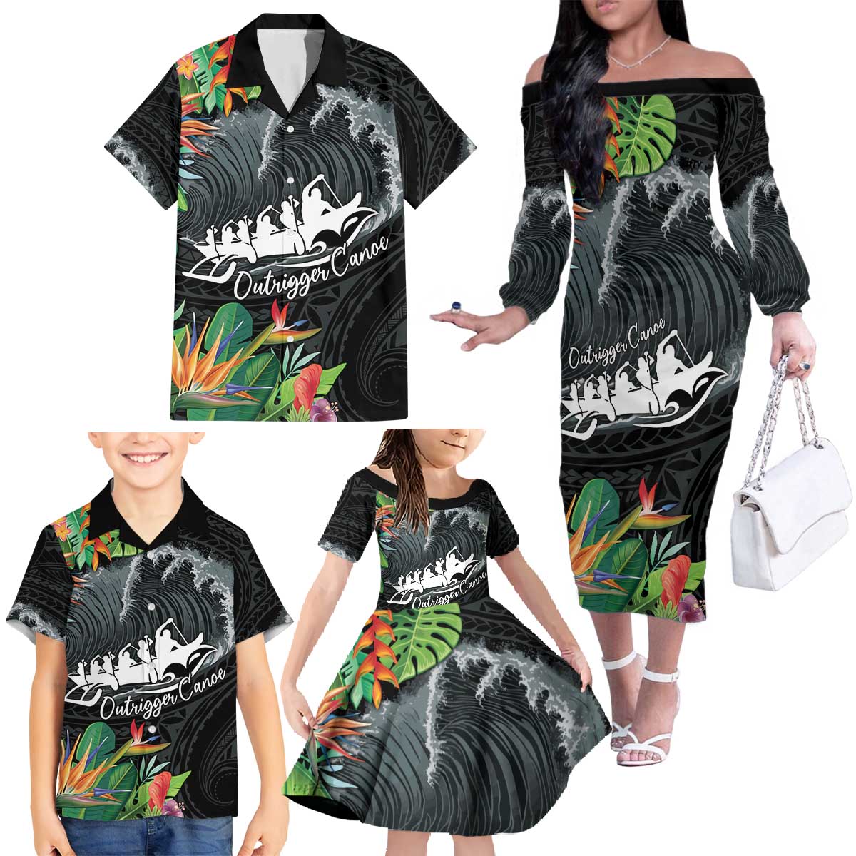 Outrigger Canoe Black Family Matching Off The Shoulder Long Sleeve Dress and Hawaiian Shirt On The Waves