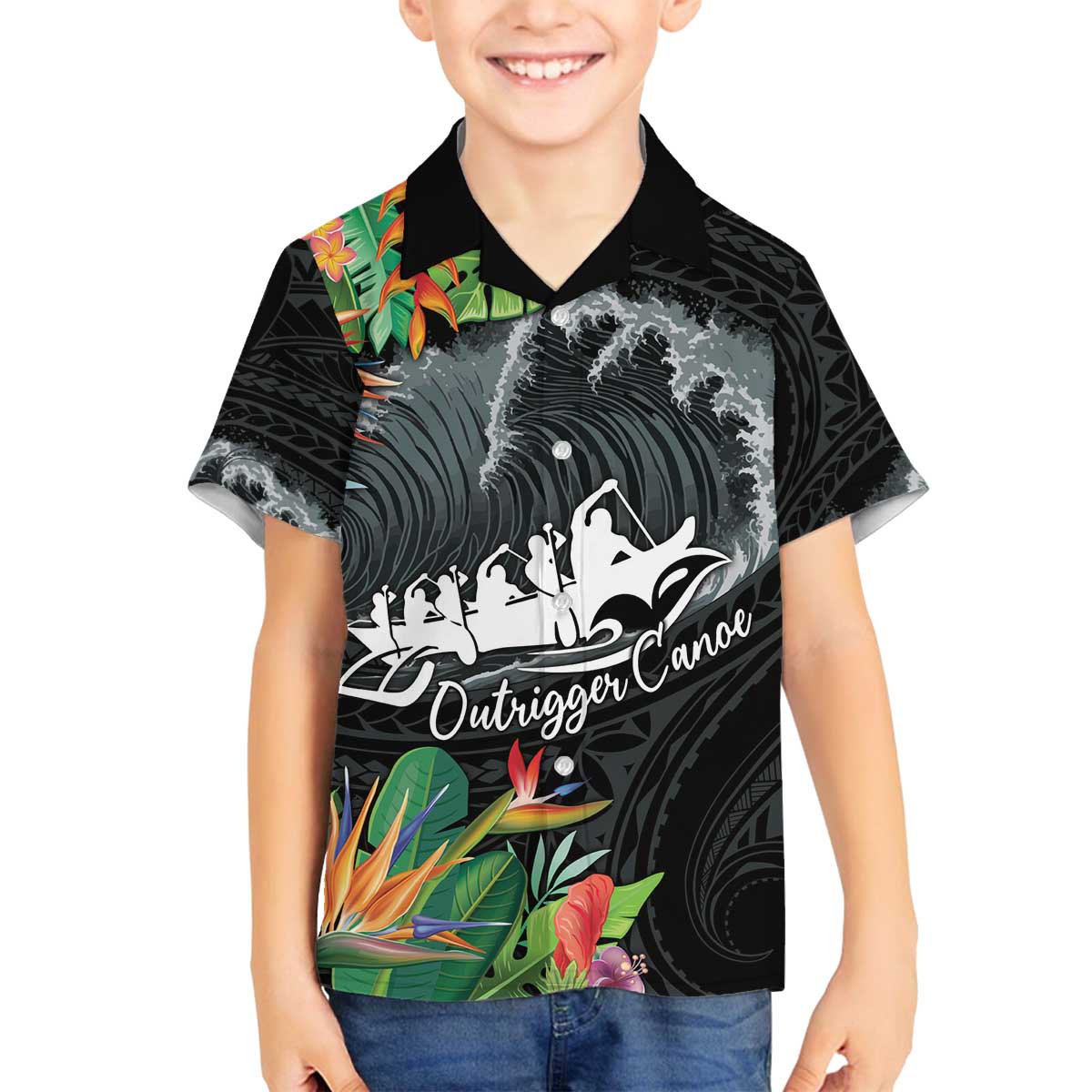 Outrigger Canoe Black Family Matching Off The Shoulder Long Sleeve Dress and Hawaiian Shirt On The Waves