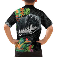 Outrigger Canoe Black Family Matching Off Shoulder Maxi Dress and Hawaiian Shirt On The Waves LT7 - Polynesian Pride