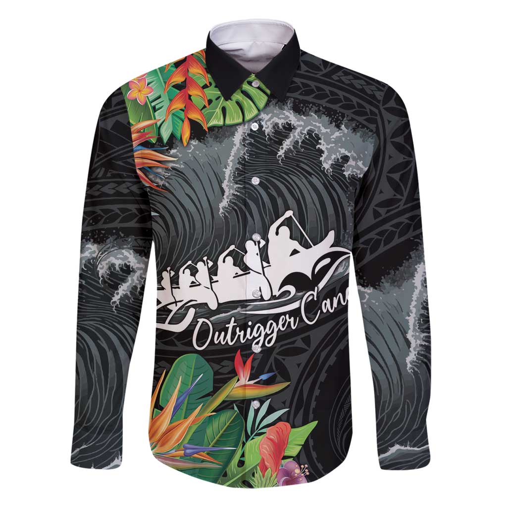 Outrigger Canoe Black Family Matching Off Shoulder Maxi Dress and Hawaiian Shirt On The Waves LT7 Dad's Shirt - Long Sleeve Black - Polynesian Pride