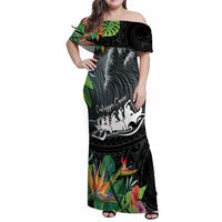 Outrigger Canoe Black Family Matching Off Shoulder Maxi Dress and Hawaiian Shirt On The Waves LT7 Mom's Dress Black - Polynesian Pride