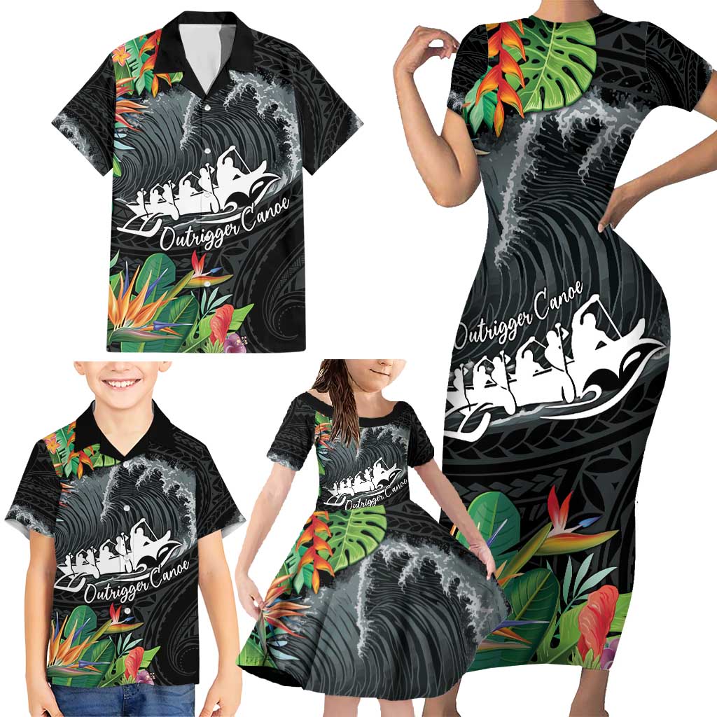 Outrigger Canoe Black Family Matching Short Sleeve Bodycon Dress and Hawaiian Shirt On The Waves