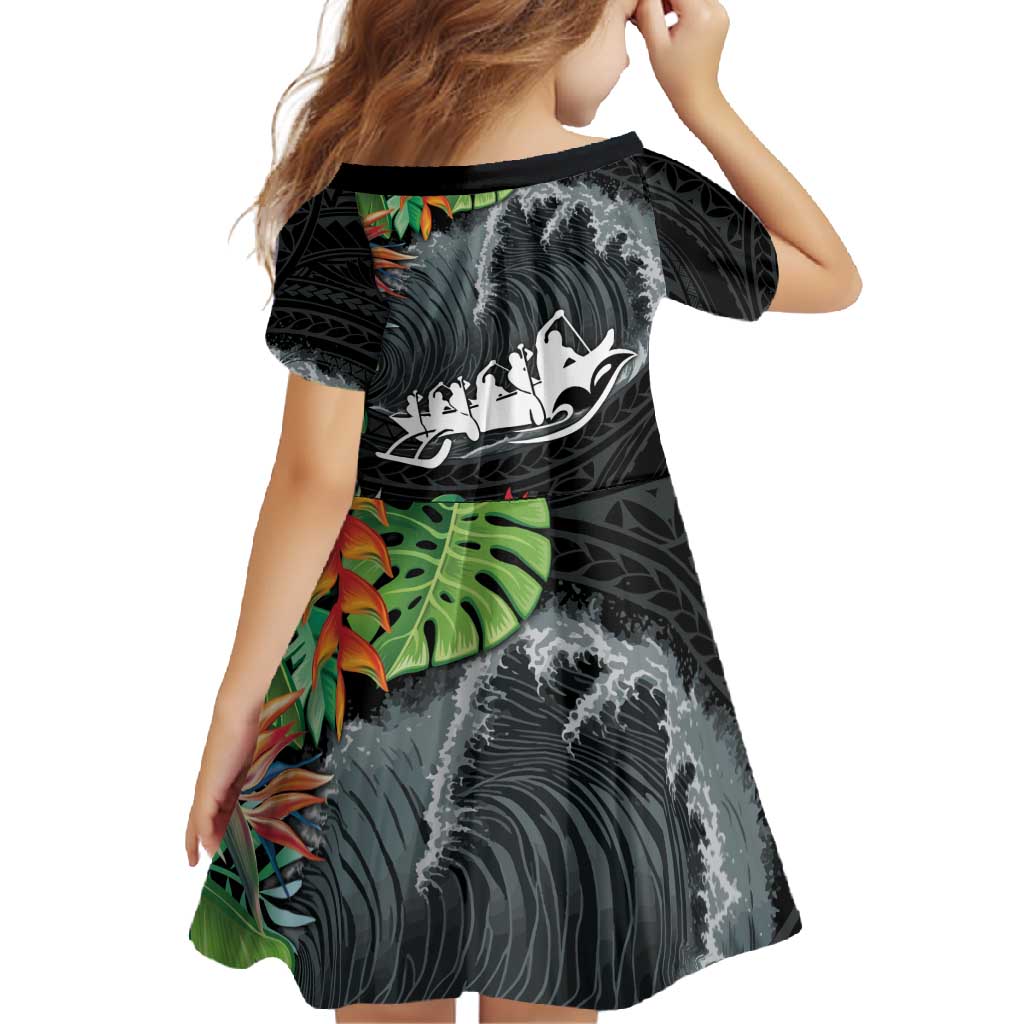 Outrigger Canoe Black Family Matching Summer Maxi Dress and Hawaiian Shirt On The Waves LT7 - Polynesian Pride
